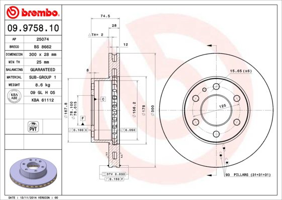 BREMBO brzdový kotúč 09.9758.10, súprava 2 ks