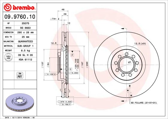 BREMBO brzdový kotúč 09.9760.10, súprava 2 ks