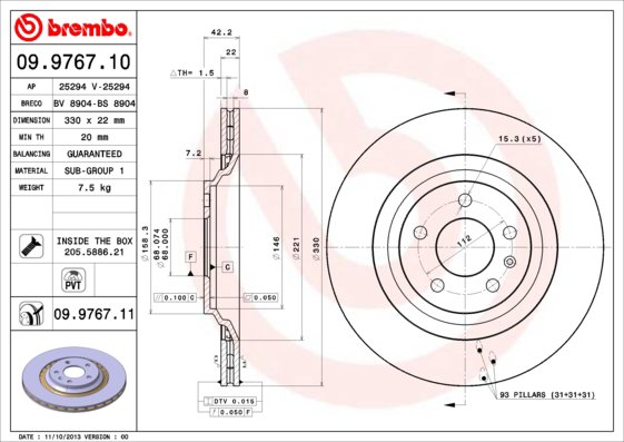 BREMBO brzdový kotúč 09.9767.11, súprava 2 ks