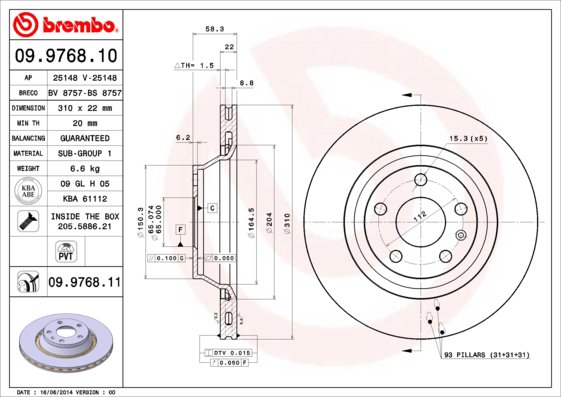 BREMBO brzdový kotúč 09.9768.11, súprava 2 ks