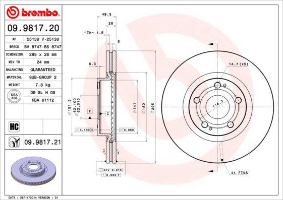 BREMBO brzdový kotúč 09.9817.21, súprava 2 ks