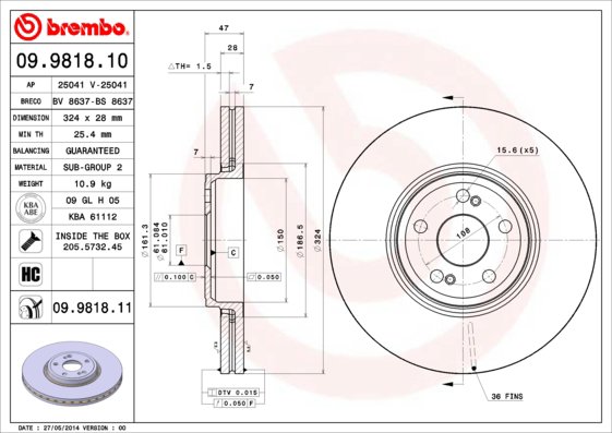 BREMBO brzdový kotúč 09.9818.11, súprava 2 ks