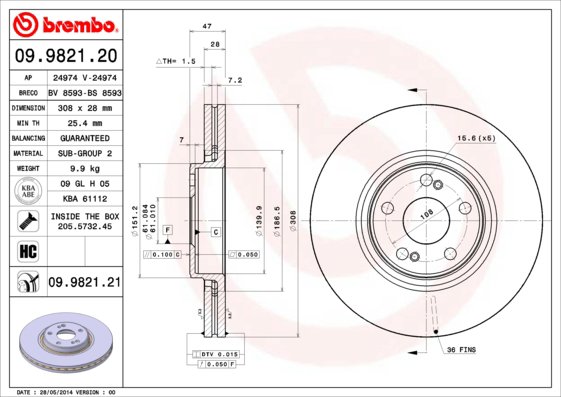 BREMBO brzdový kotúč 09.9821.21, súprava 2 ks