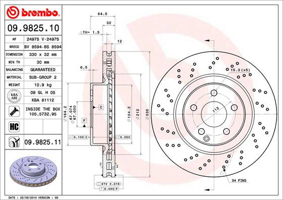 BREMBO brzdový kotúč 09.9825.11, súprava 2 ks