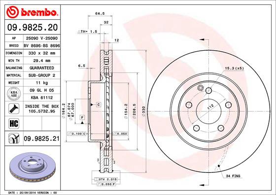 BREMBO brzdový kotúč 09.9825.21, súprava 2 ks