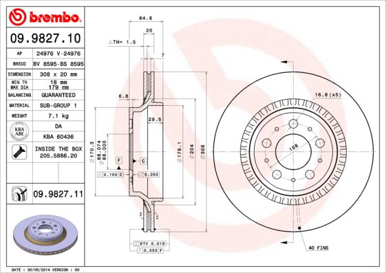 BREMBO brzdový kotúč 09.9827.11, súprava 2 ks