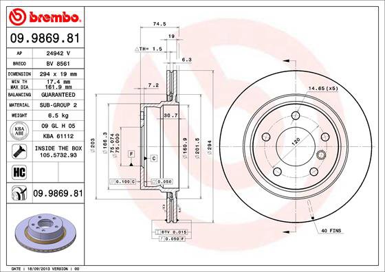BREMBO brzdový kotúč 09.9869.81, súprava 2 ks