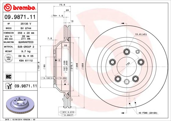 BREMBO brzdový kotúč 09.9871.11, súprava 2 ks