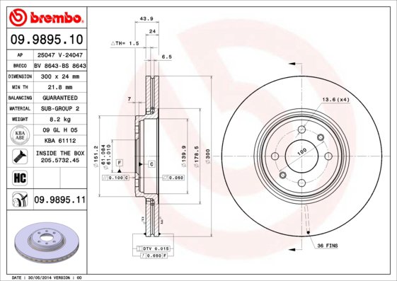 BREMBO brzdový kotúč 09.9895.11, súprava 2 ks