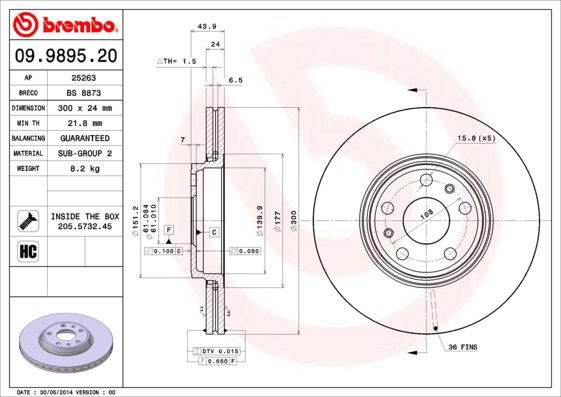 BREMBO brzdový kotúč 09.9895.20, súprava 2 ks