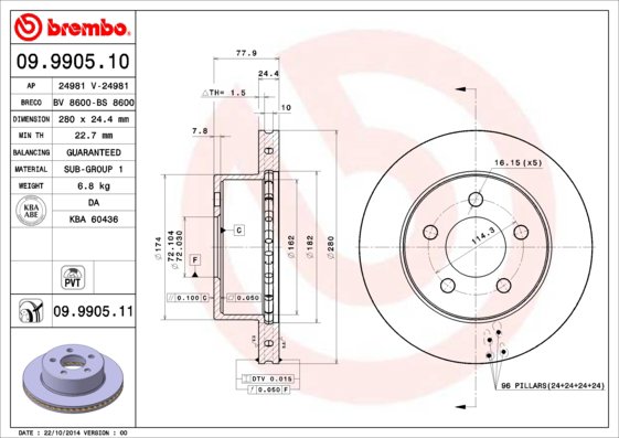 BREMBO brzdový kotúč 09.9905.11, súprava 2 ks