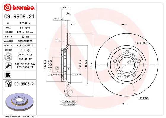 BREMBO brzdový kotúč 09.9908.21, súprava 2 ks