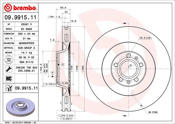 BREMBO brzdový kotúč 09.9915.11, súprava 2 ks