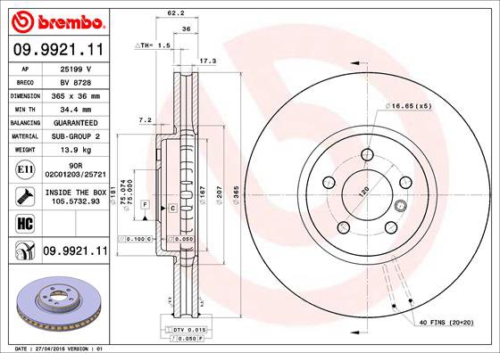 BREMBO brzdový kotúč 09.9921.11, súprava 2 ks