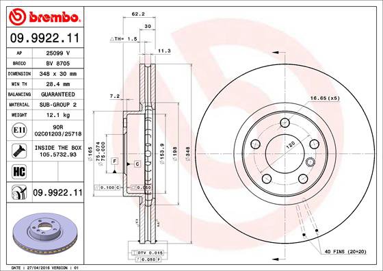 BREMBO brzdový kotúč 09.9922.11, súprava 2 ks
