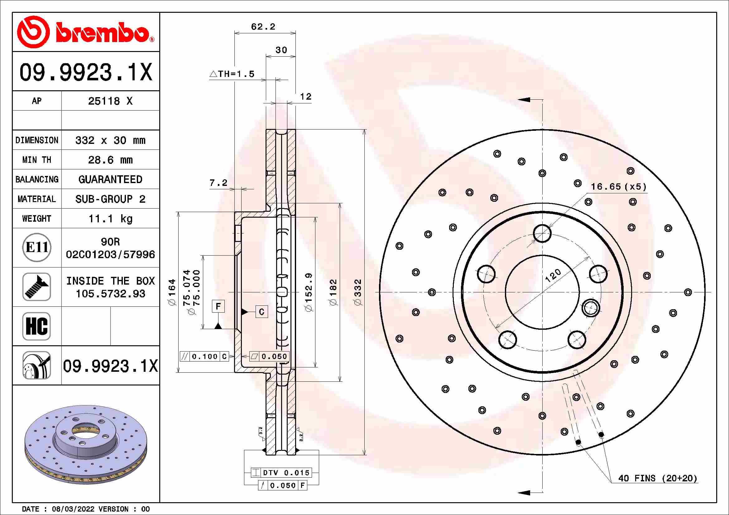 BREMBO brzdový kotúč 09.9923.1X, súprava 2 ks