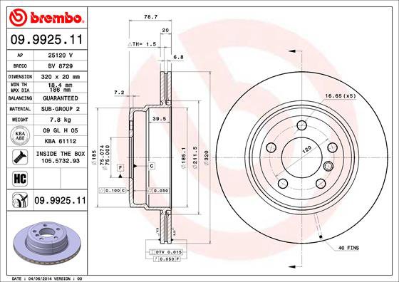 BREMBO brzdový kotúč 09.9925.11, súprava 2 ks