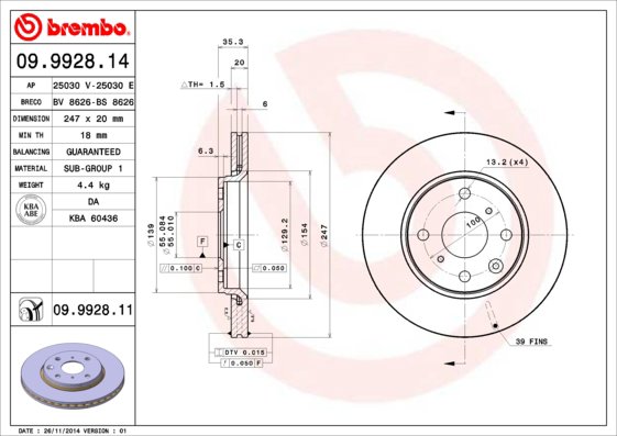 BREMBO brzdový kotúč 09.9928.11, súprava 2 ks