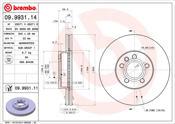 BREMBO brzdový kotúč 09.9931.11, súprava 2 ks