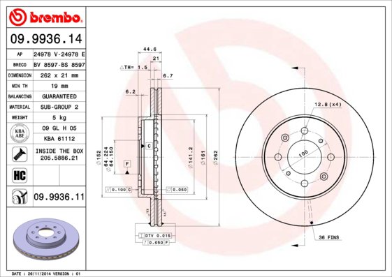 BREMBO brzdový kotúč 09.9936.11, súprava 2 ks