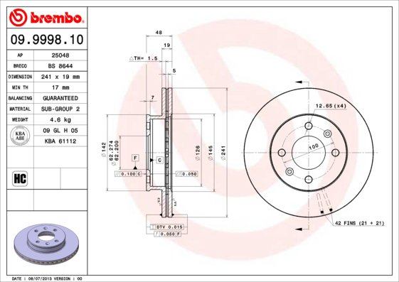 BREMBO brzdový kotúč 09.9998.10, sada 2 ks