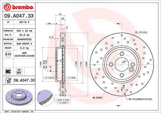 BREMBO brzdový kotúč 09.A047.3X, sada 2 ks