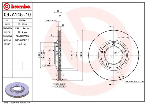 BREMBO brzdový kotúč 09.A145.10, súprava 2 ks