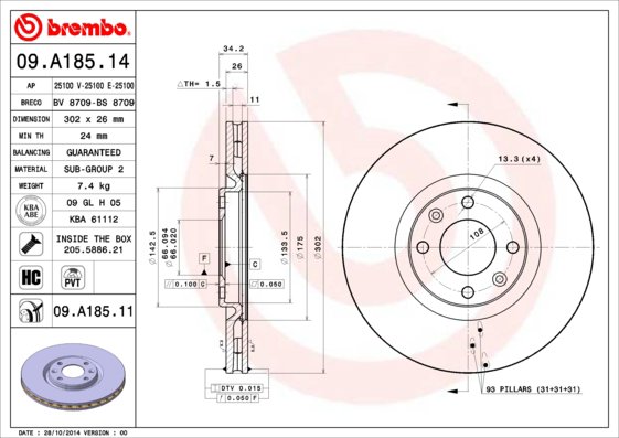 BREMBO brzdový kotúč 09.A185.11, sada 2 ks