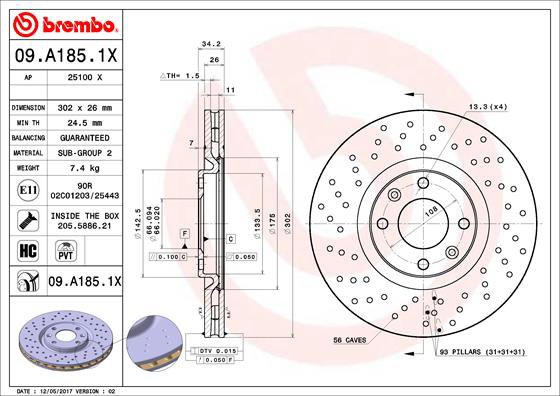 BREMBO brzdový kotúč 09.A185.1X, sada 2 ks