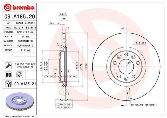 BREMBO brzdový kotúč 09.A185.21, sada 2 ks