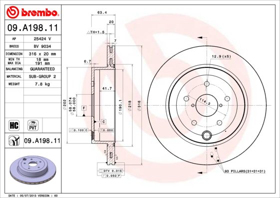 BREMBO brzdový kotúč 09.A198.11, súprava 2 ks