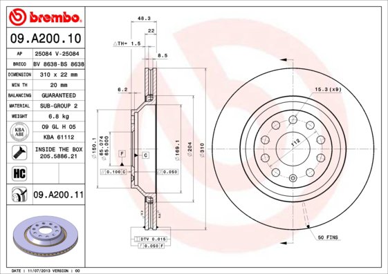 BREMBO brzdový kotúč 09.A200.11, súprava 2 ks