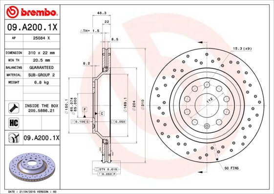 BREMBO brzdový kotúč 09.A200.1X, súprava 2 ks
