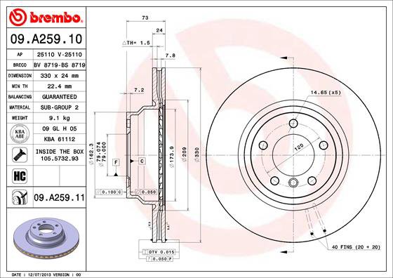 BREMBO brzdový kotúč 09.A259.11, súprava 2 ks