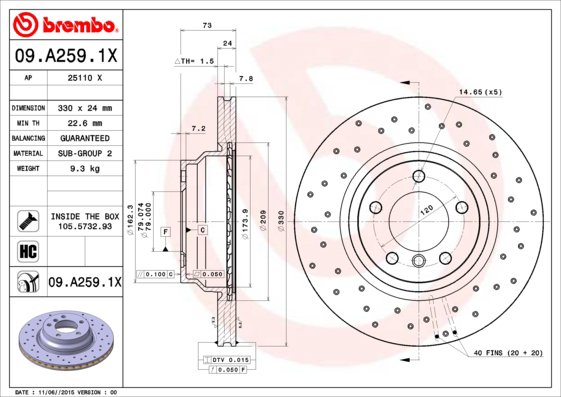 BREMBO brzdový kotúč 09.A259.1X, súprava 2 ks