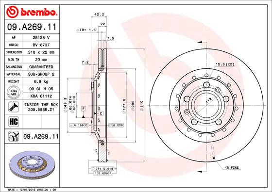 BREMBO brzdový kotúč 09.A269.11, sada 2 ks