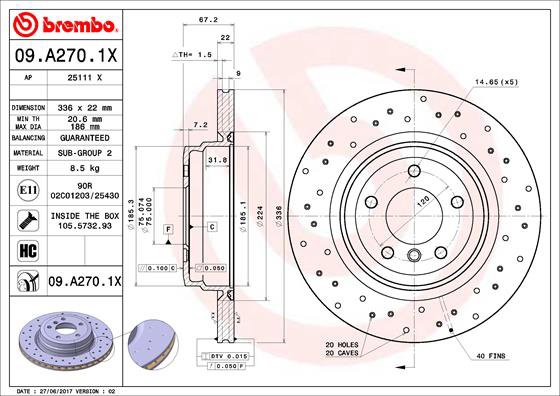 BREMBO brzdový kotúč 09.A270.1X, súprava 2 ks