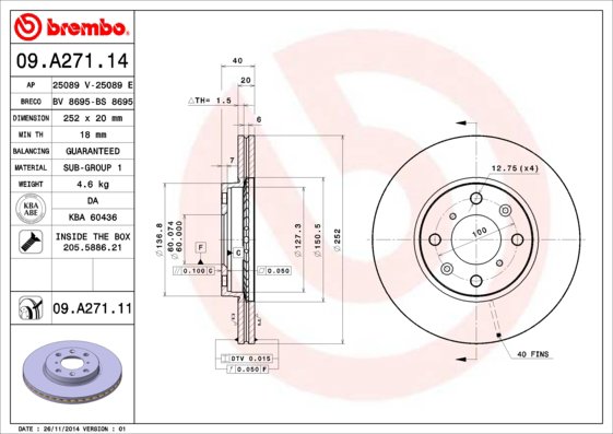 BREMBO brzdový kotúč 09.A271.11, súprava 2 ks