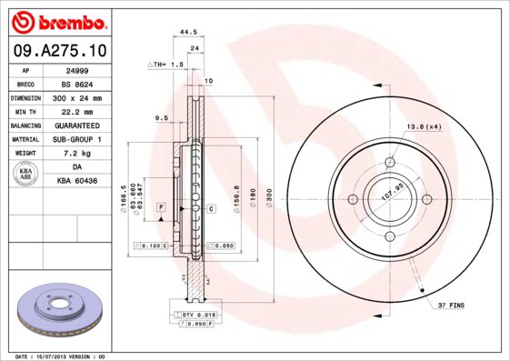 BREMBO brzdový kotúč 09.A275.10, sada 2 ks