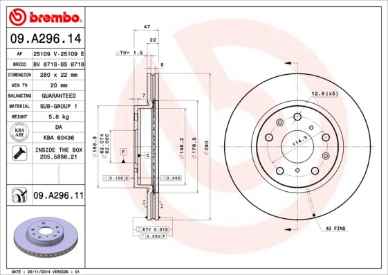 BREMBO brzdový kotúč 09.A296.11, súprava 2 ks