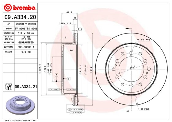 BREMBO brzdový kotúč 09.A334.21, súprava 2 ks