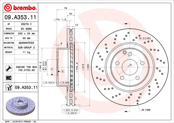 BREMBO brzdový kotúč 09.A353.11, súprava 2 ks