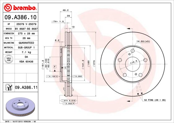 BREMBO brzdový kotúč 09.A386.11, súprava 2 ks