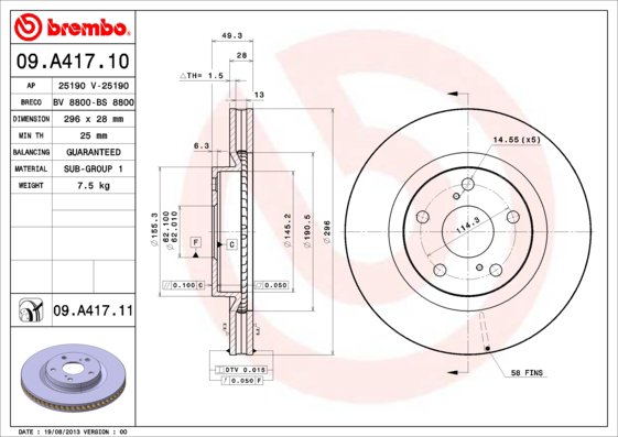 BREMBO brzdový kotúč 09.A417.11, súprava 2 ks