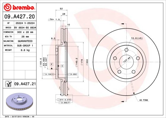 BREMBO brzdový kotúč 09.A427.21, súprava 2 ks