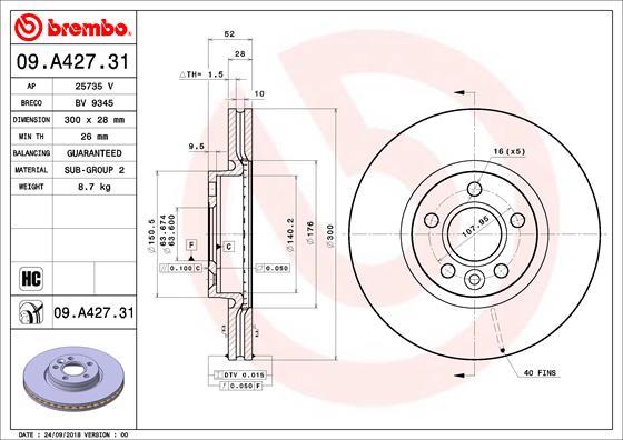 BREMBO brzdový kotúč 09.A427.31, súprava 2 ks