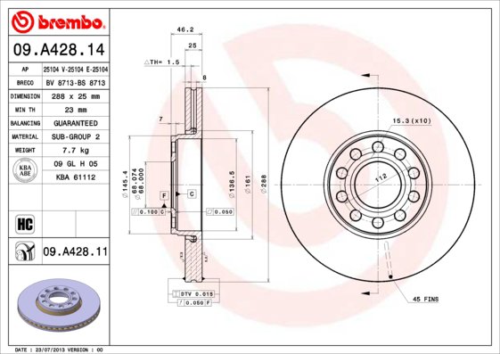 BREMBO brzdový kotúč 09.A428.11, súprava 2 ks