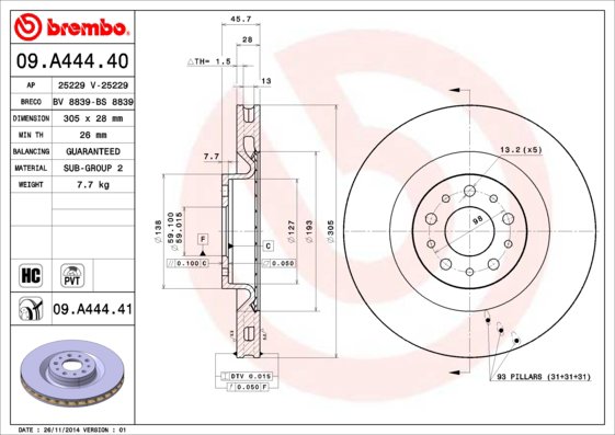 BREMBO brzdový kotúč 09.A444.41, súprava 2 ks