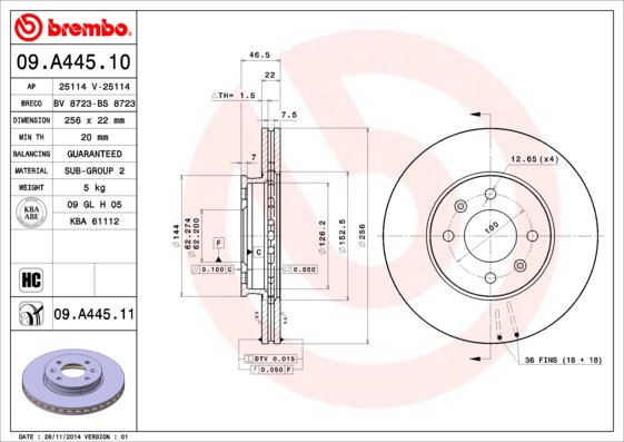 BREMBO brzdový kotúč 09.A445.11, súprava 2 ks