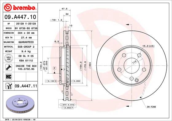 BREMBO brzdový kotúč 09.A447.11, súprava 2 ks
